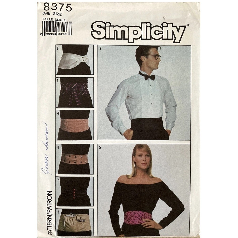 Simplicity 8375 Unisex Cummerbund Belt Sewing Pattern One Size Cut Complete